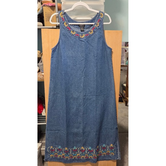 Agapo Size L Collection Denim Dress Embroidered Sunflower Sleeveless Jean Maxi - Picture 1 of 6